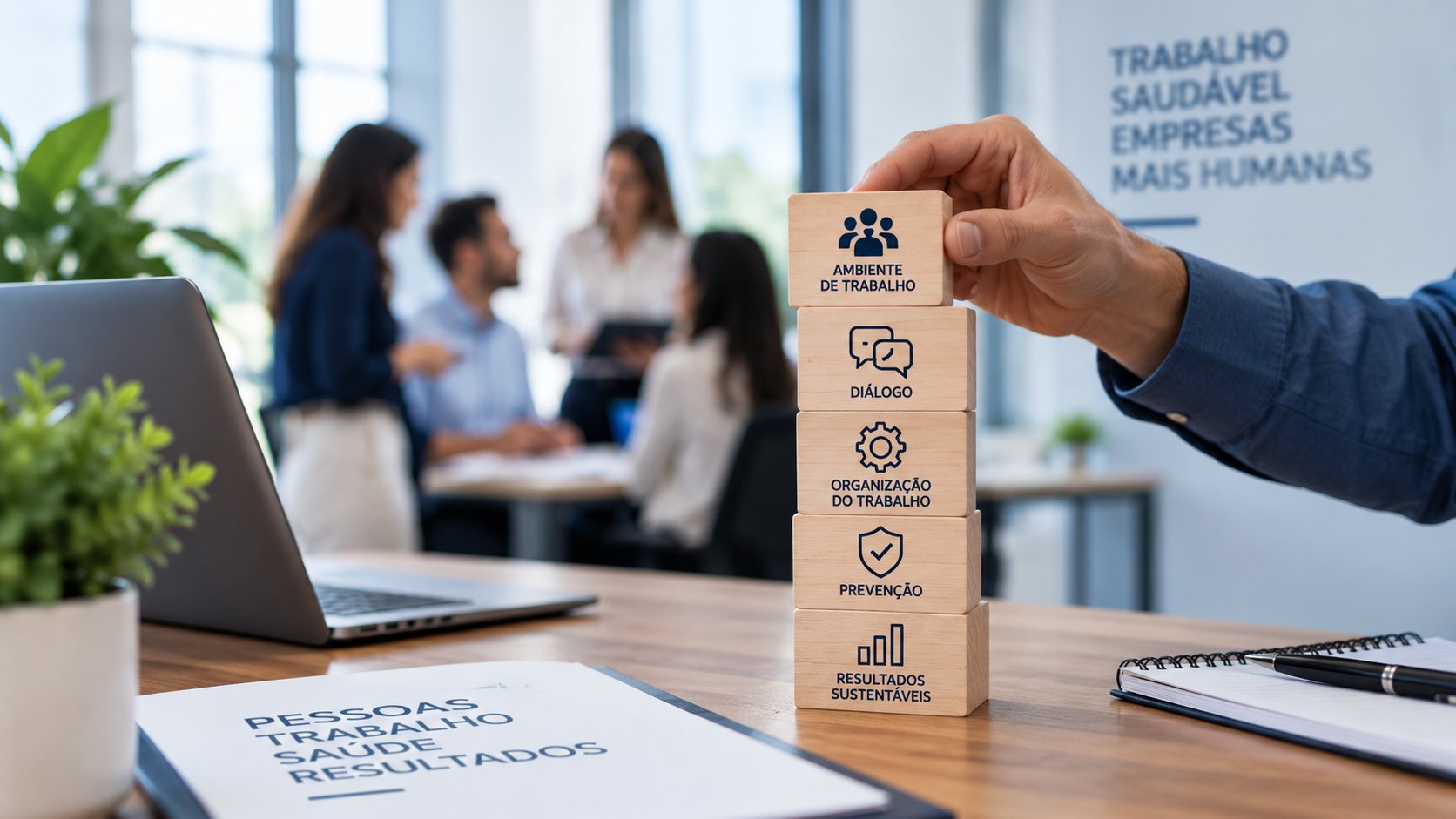 Gestão de riscos psicossociais no trabalho com foco em organização do trabalho, diálogo, prevenção e ambiente de trabalho saudável.