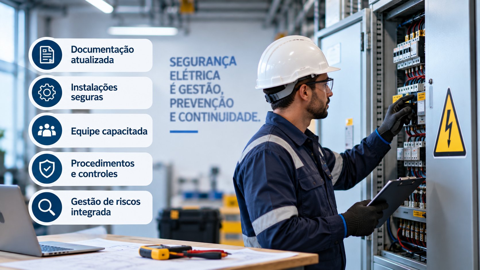 Profissional avaliando instalação elétrica industrial, destacando documentação, segurança das instalações, capacitação e gestão integrada de riscos na NR-10.
